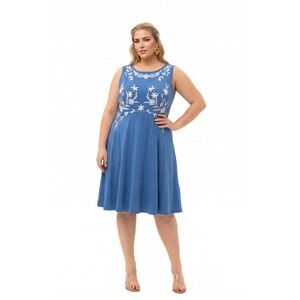 eShakti Blue Floral Embroidered Sleeveless Fit and Flare Dress Plus Size 16W
